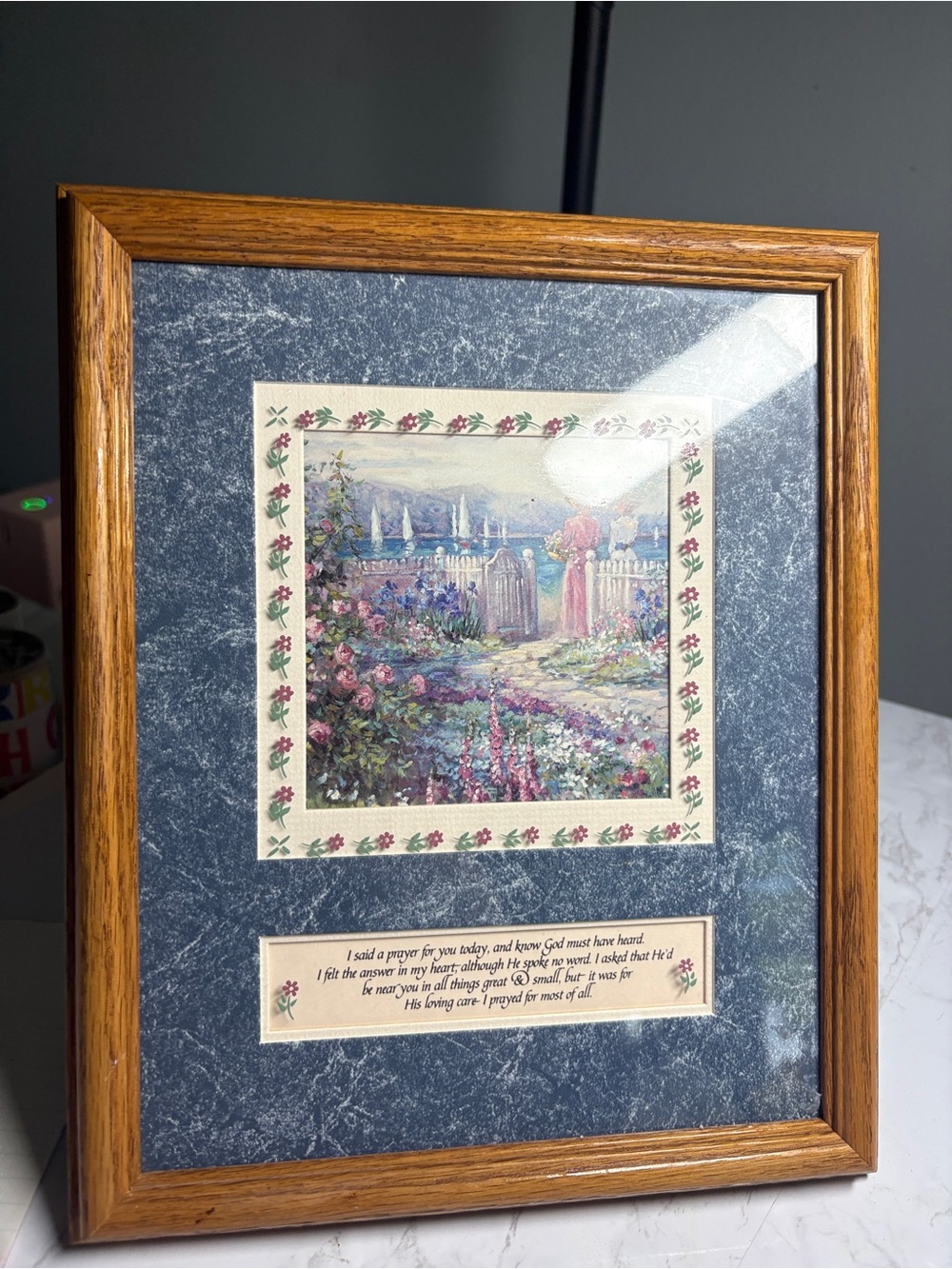 Framed Floral Garden Art Print in Blue Mat with Oak Frame